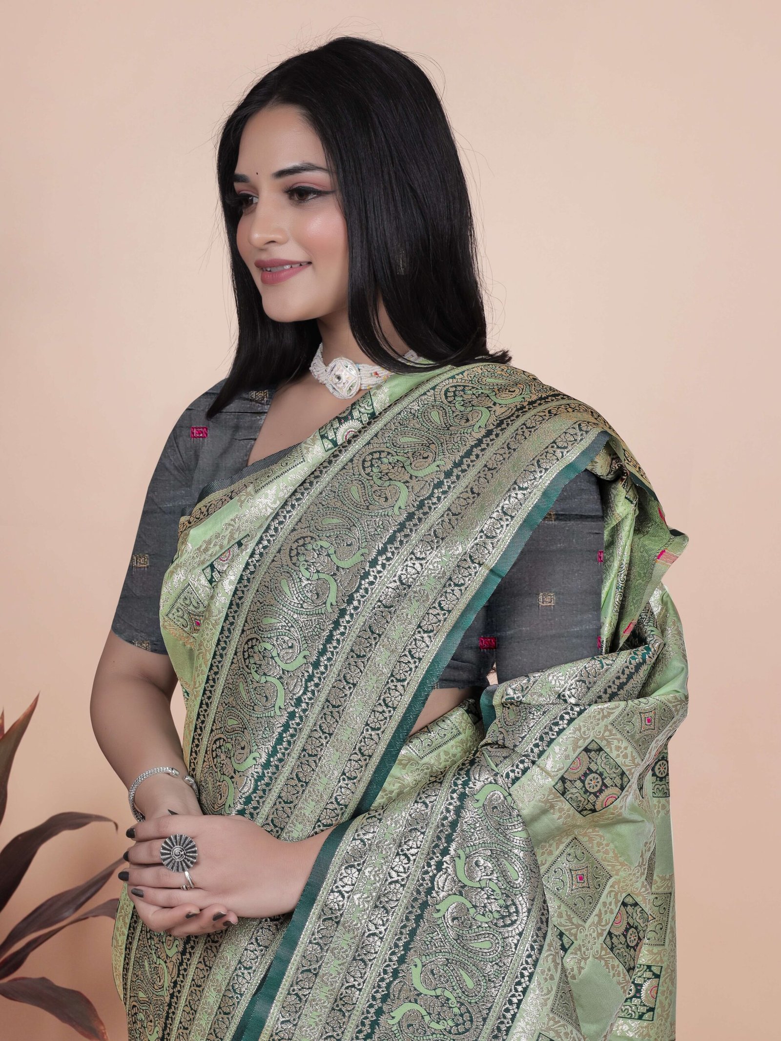 Pastel Green & Dark Green Banarasi Silk Saree with Silver Zari | Wedding & Festive Wear | Elegant Designer Banarasi Saree - Image 5