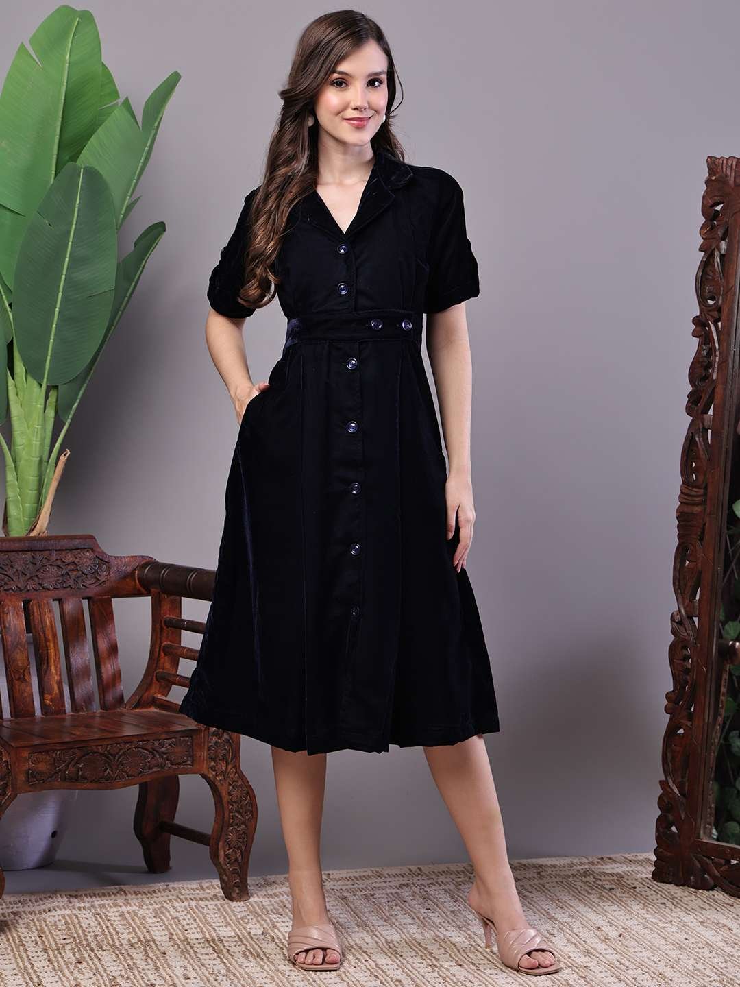 Women's Black Velvet Solid Printed Shirt Midi Dress with Belt - Image 3