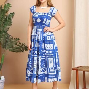 Women's Viscos Rayon Printed Off Shoulder Midi Dress For Summer And Casual Wear (Blue White)